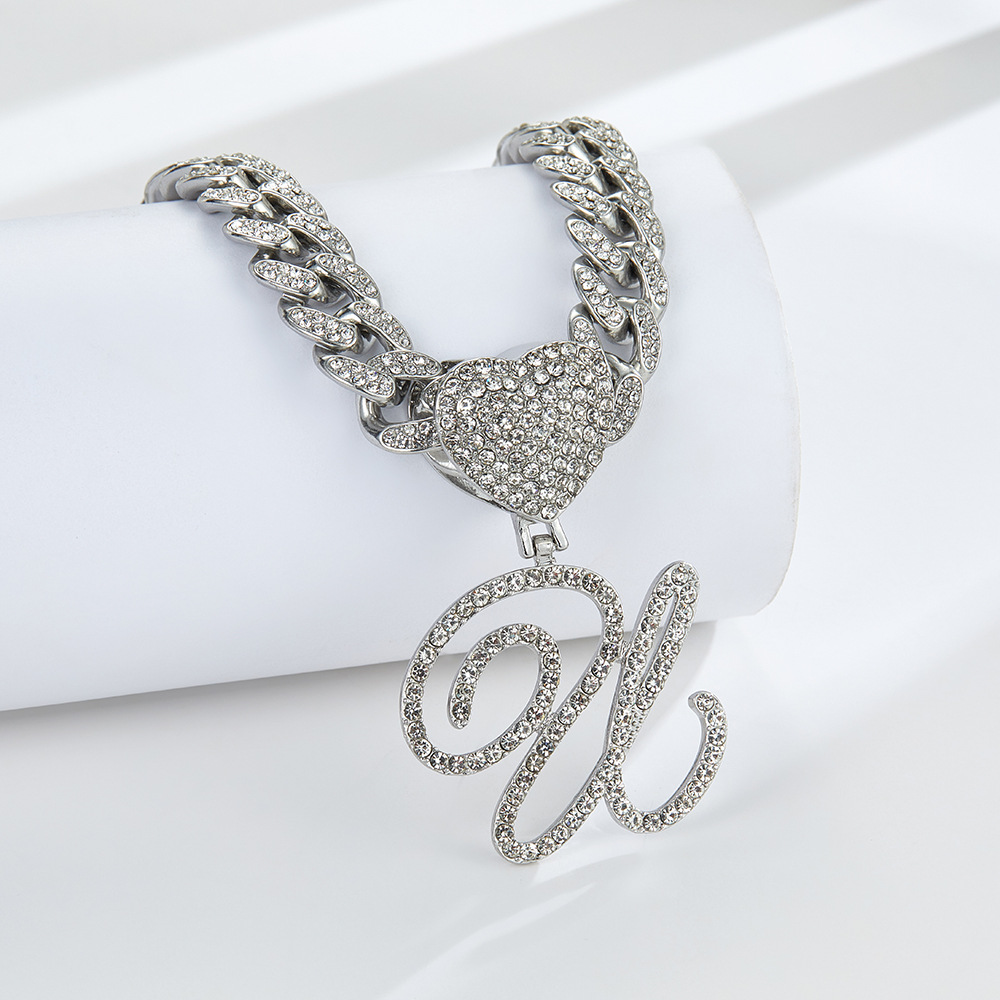 Cursive Diamond Accented Initial Cuban Heart Necklace in silver