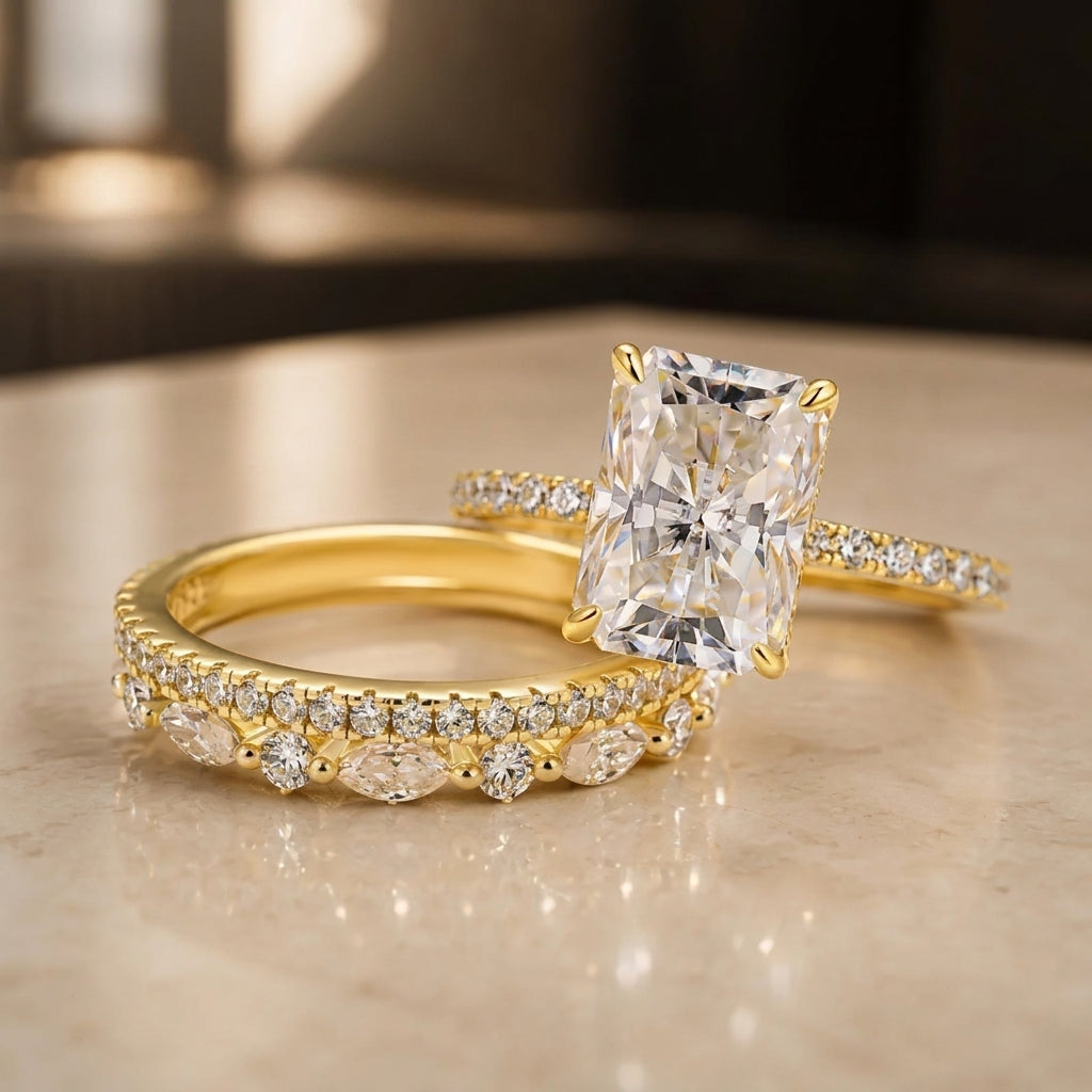 3pc Pave Solitare Cut Ring Stack in gold