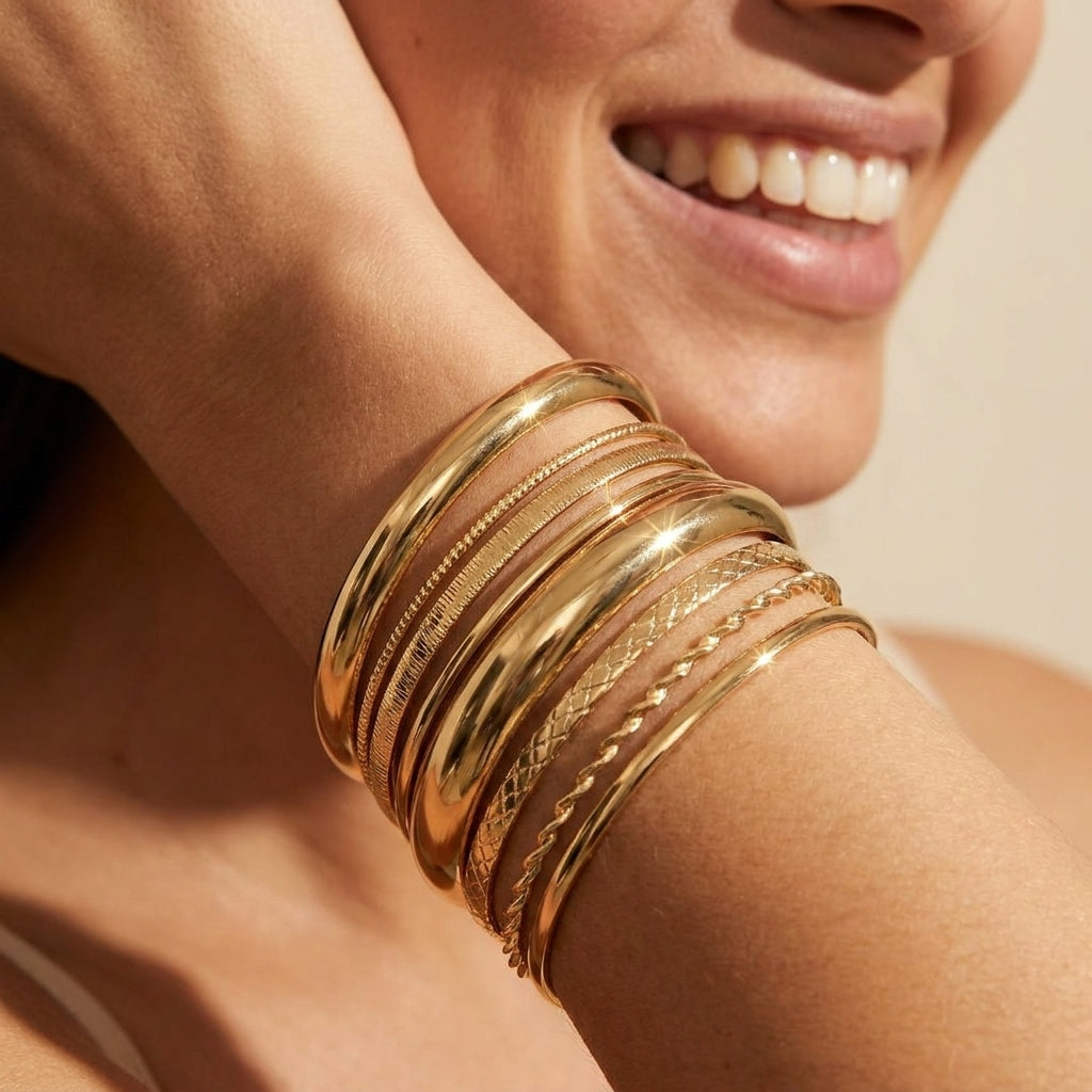 8pc Textured Cuff Bracelet Stack in gold