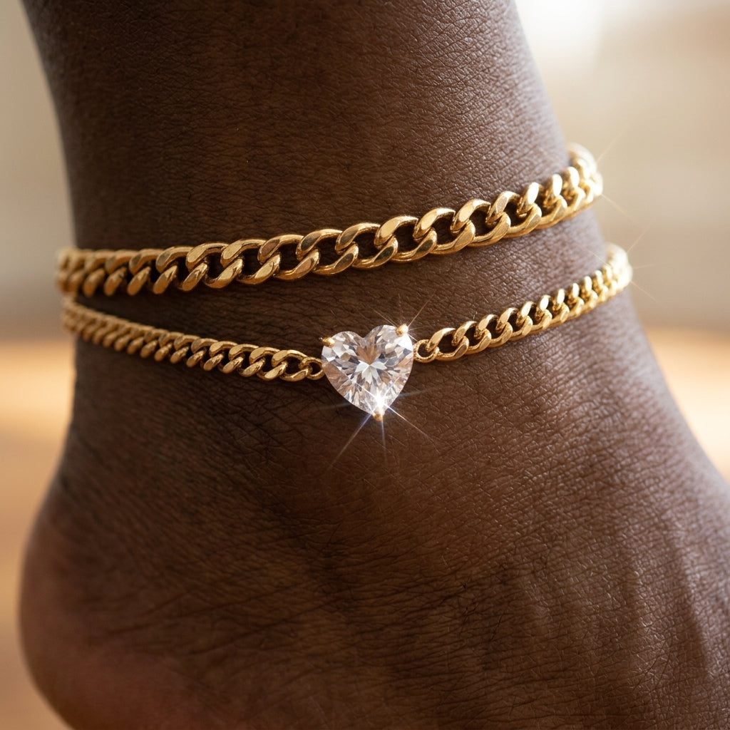 2pc Cuban Heart Accented Anklet Set in gold