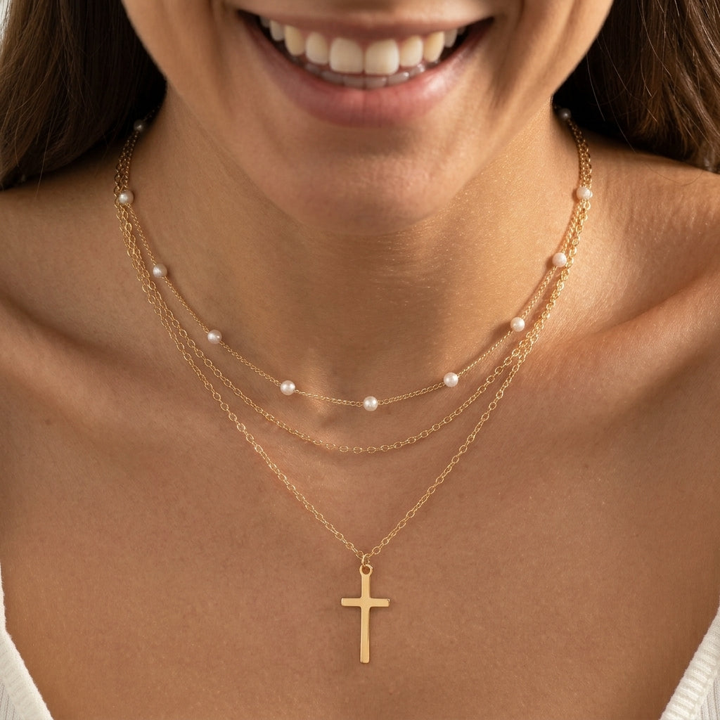 2pc Dainty Layered Pearl & Cross Necklace Stack in gold