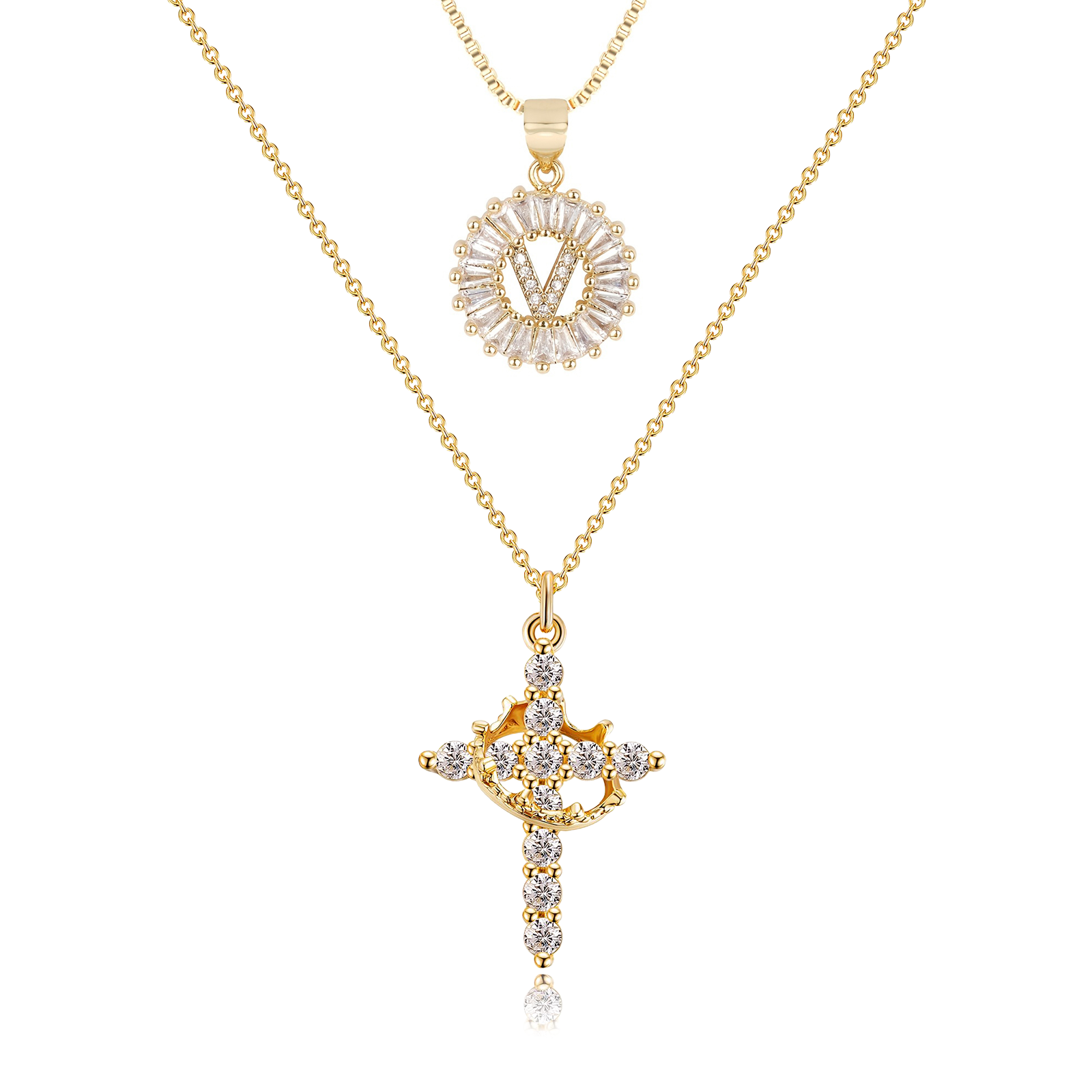 2pc 14k diamond cross crown initial necklace set