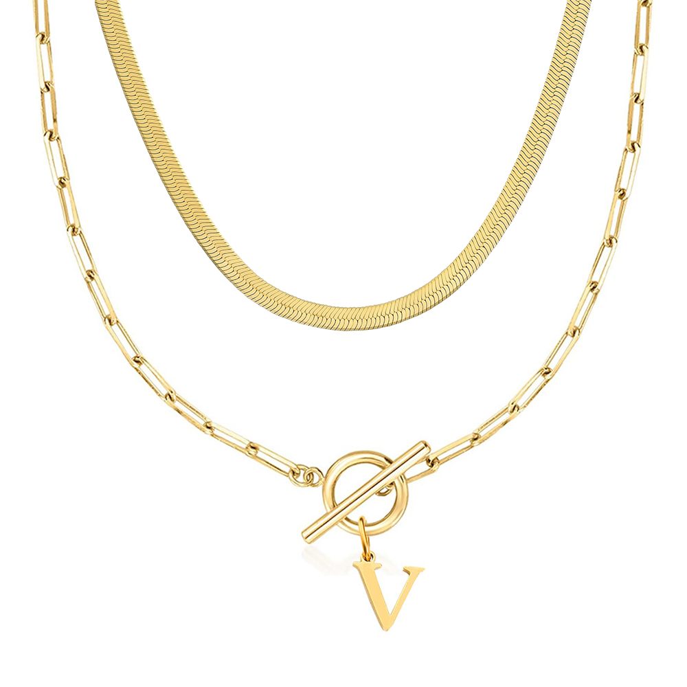2pc Paperclip Initial Toggle Clasp & Herringbone Necklace Set in gold