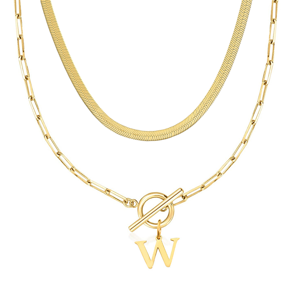 2pc paperclip initial toggle clasp herringbone necklace set