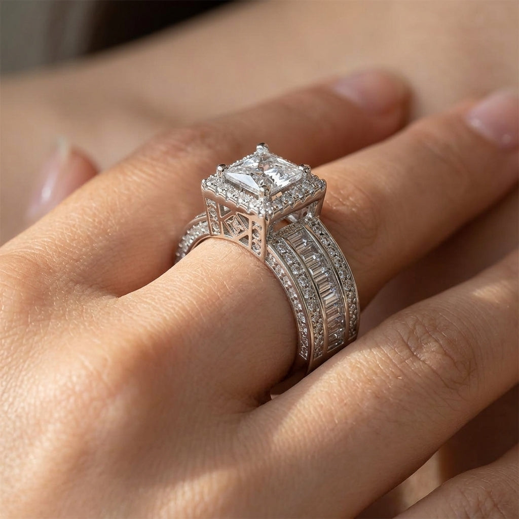 Square Cut Baguette Band Ring in silver