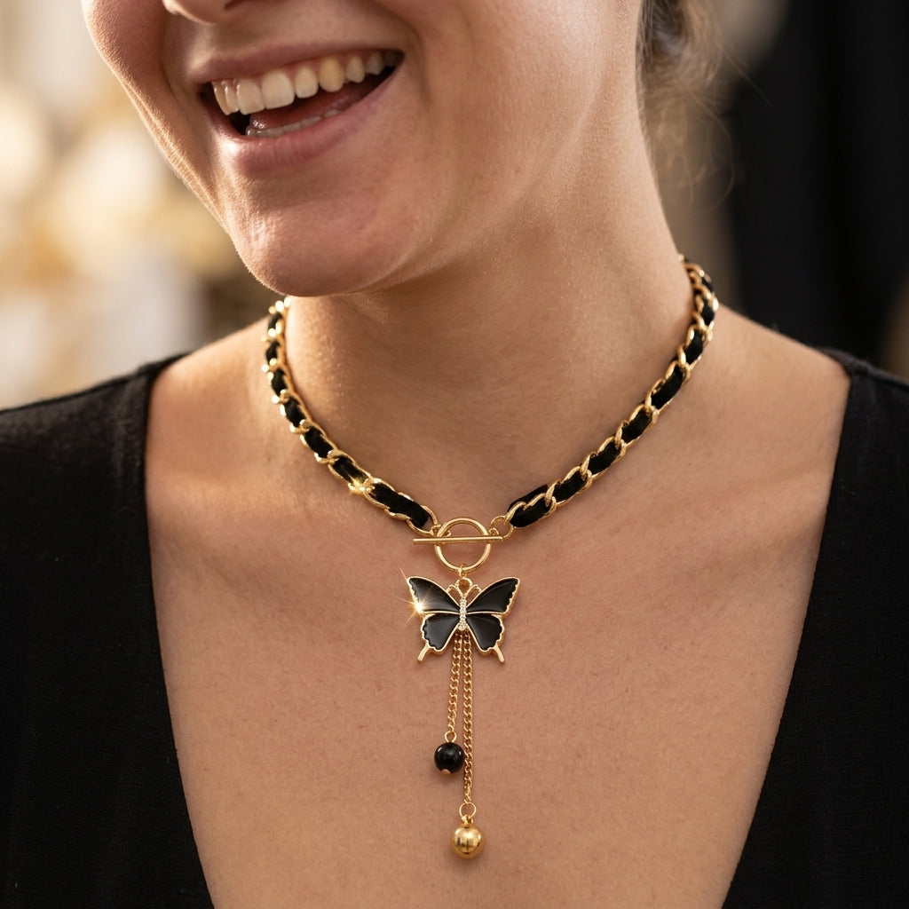 Black & Gold Butterfly Dangle Toggle Clasp Necklace