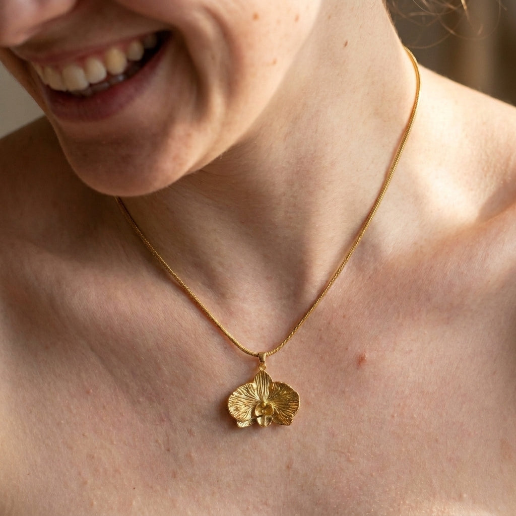 Floral Orchid Necklace in gold
