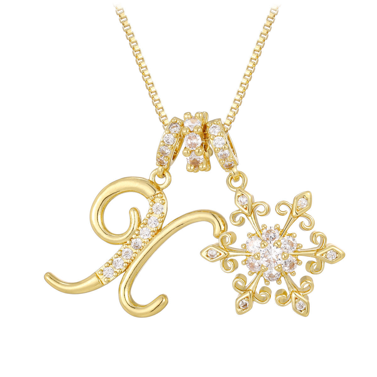 14k elegant initial snowflake necklace