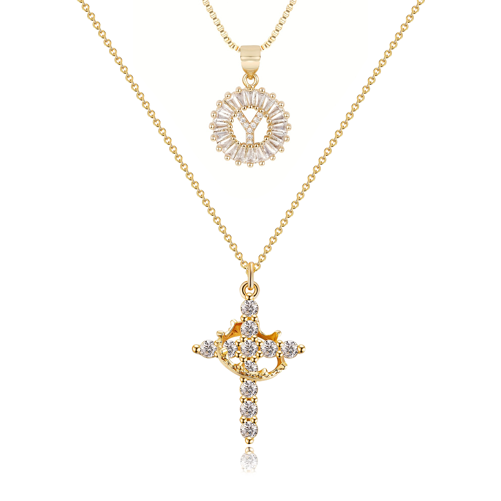 2pc 14k diamond cross crown initial necklace set