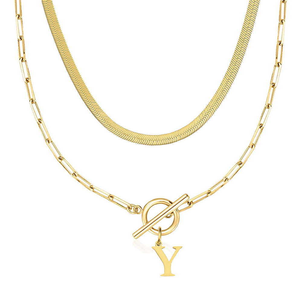 2pc paperclip initial toggle clasp herringbone necklace set
