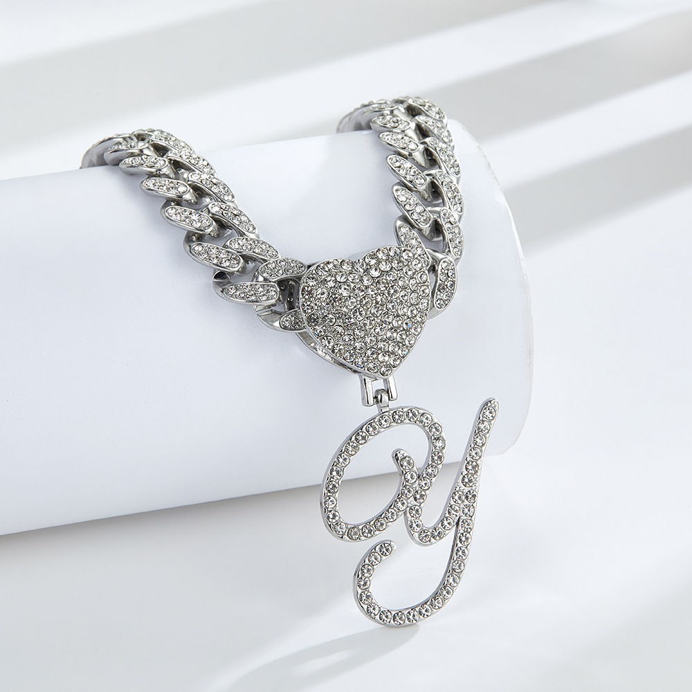 Cursive Diamond Accented Initial Cuban Heart Necklace in silver