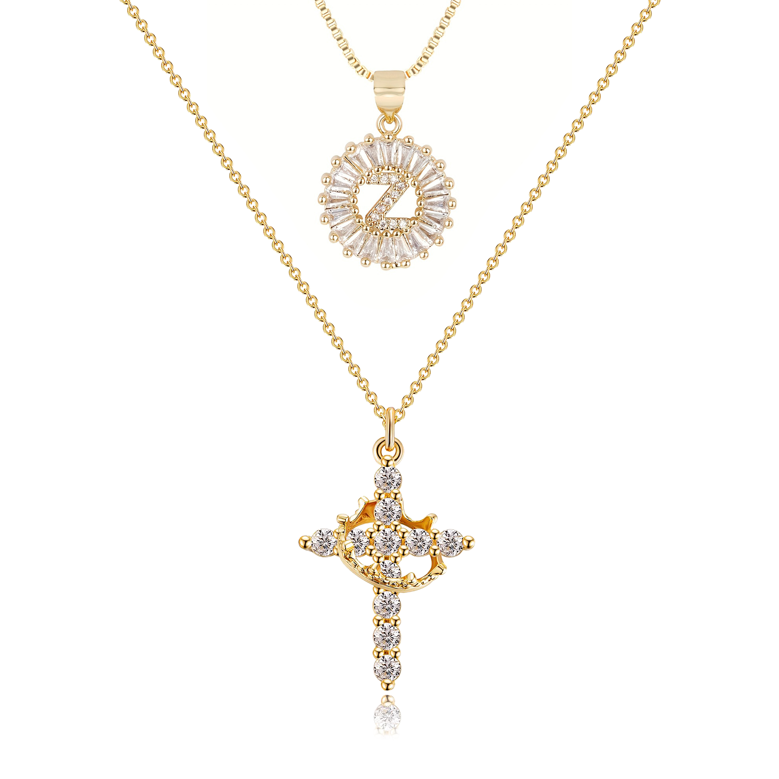 2pc 14k diamond cross crown initial necklace set