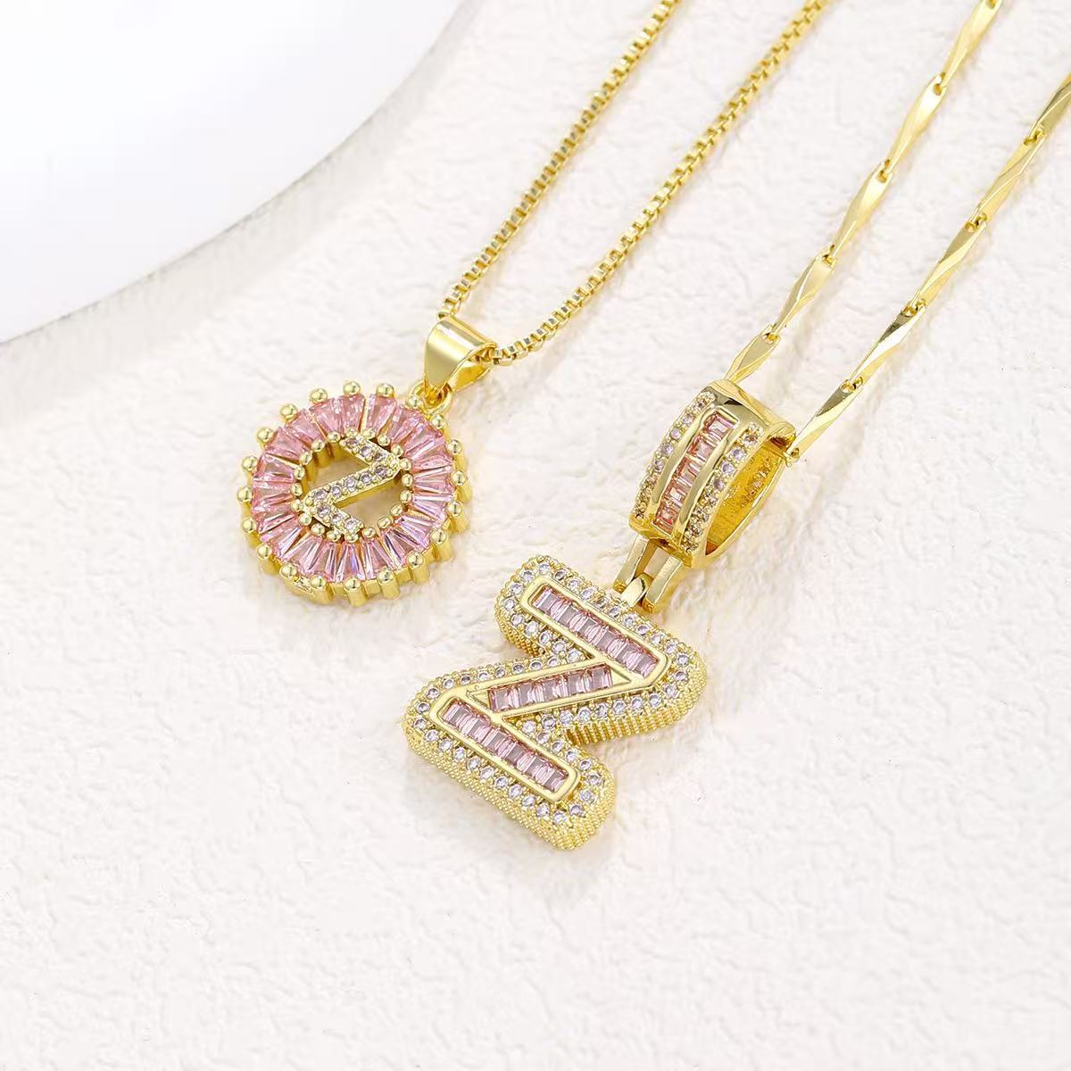 2pc 14k diamond letter initial necklaces limited pink edition