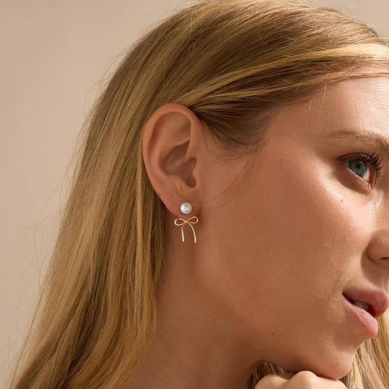14k Pearl Accented Dangle Bow Earrings