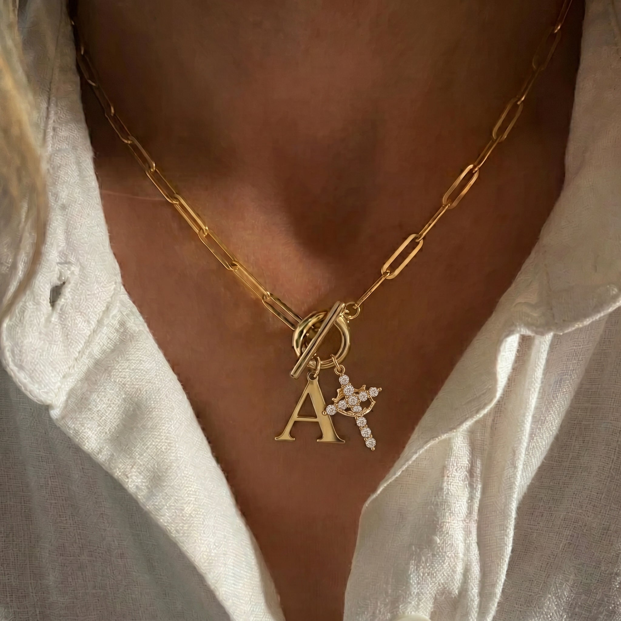 Paperclip Initial & Cross Toggle Clasp Necklace in gold