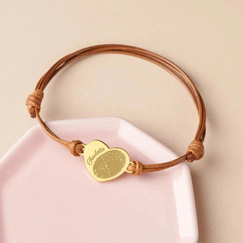 Adjustable Heart Custom Name & Fingerprint Rope Bracelet in gold