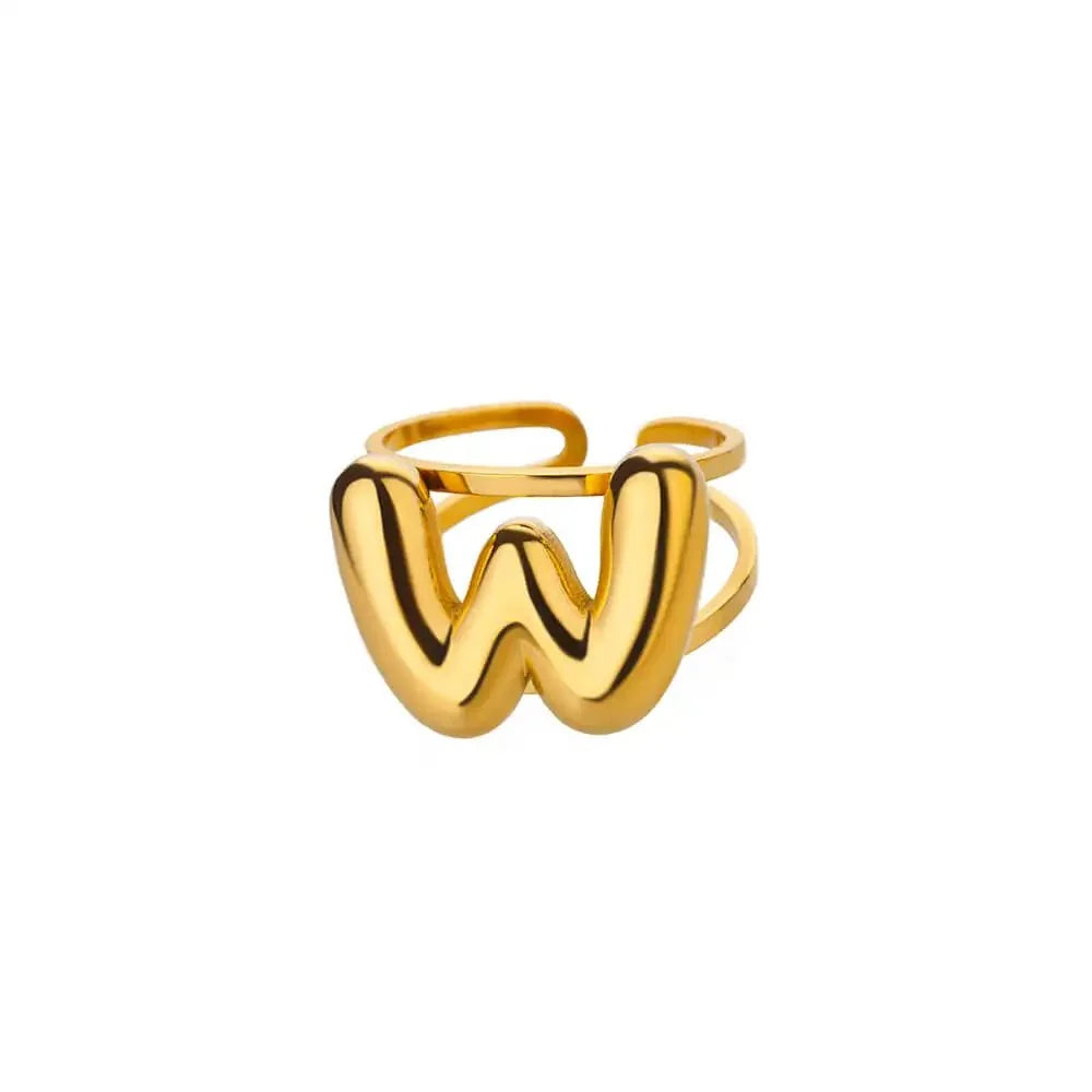 Adjustable Open Band Bubble Letter Initial Ring in gold