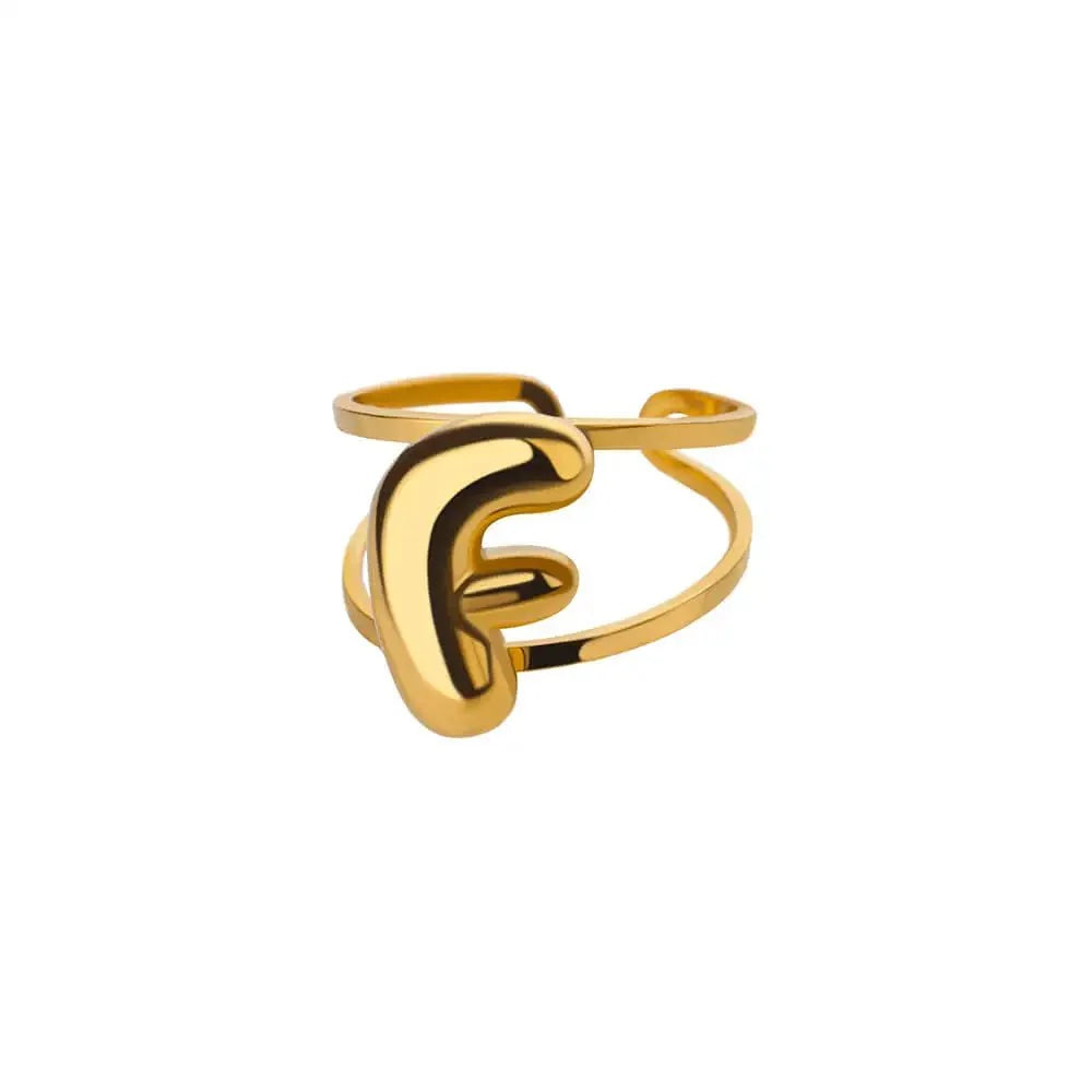 Adjustable Open Band Bubble Letter Initial Ring in gold