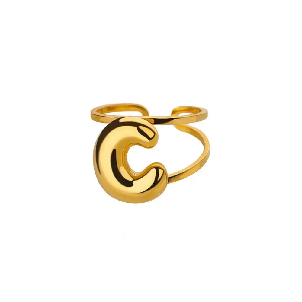 Adjustable Open Band Bubble Letter Initial Ring in gold