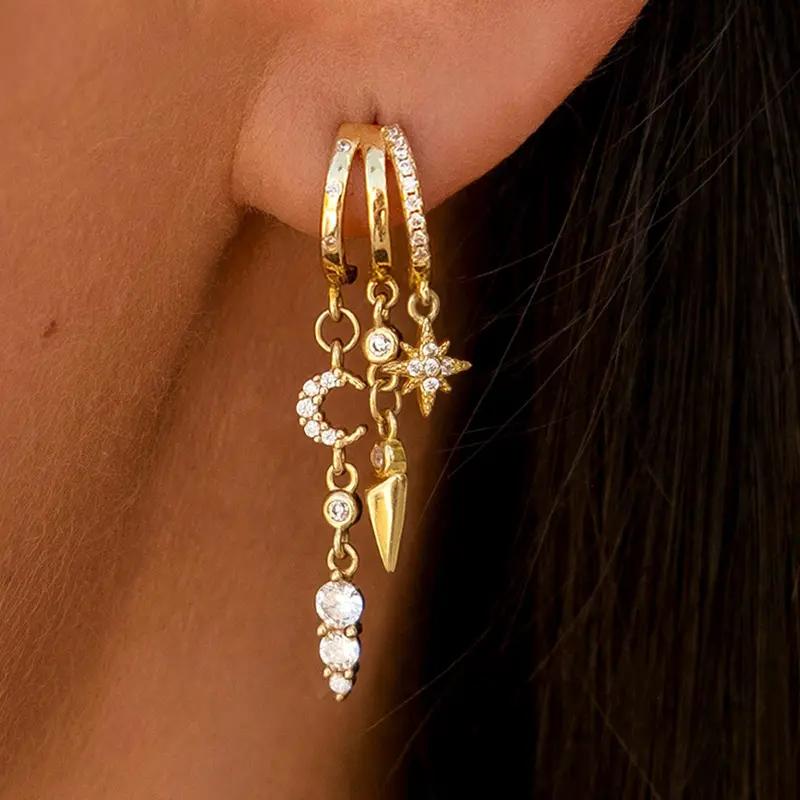 14k Triple Huggie Dangle Earrings Pair in gold