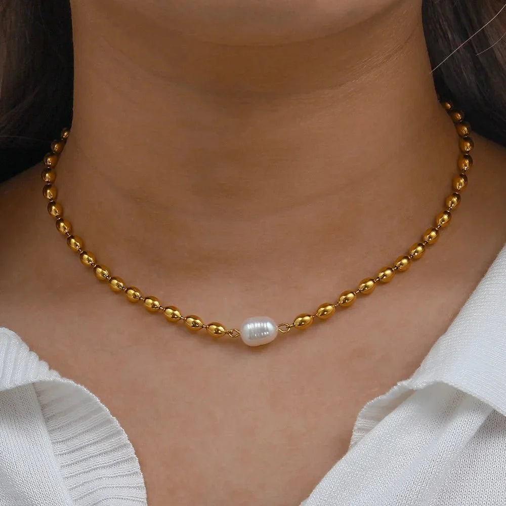 Beaded Gold Dainty Pearl Bracelet and Necklace