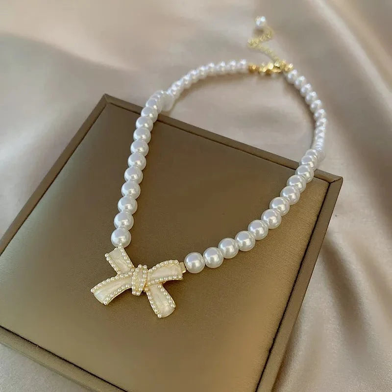 Beaded Pearl Bow Necklace