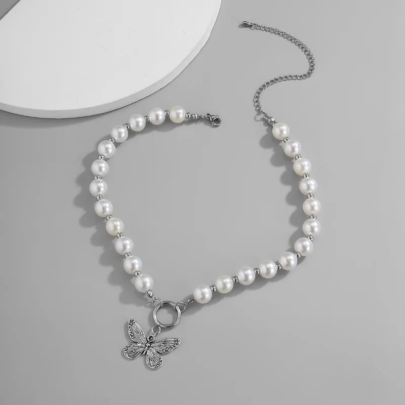 Beaded Pearl Butterfly Pendant Choker Necklace