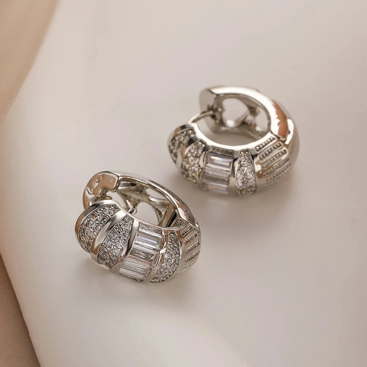 Bold Baguette Scattered Diamond Hoop Earrings in silver