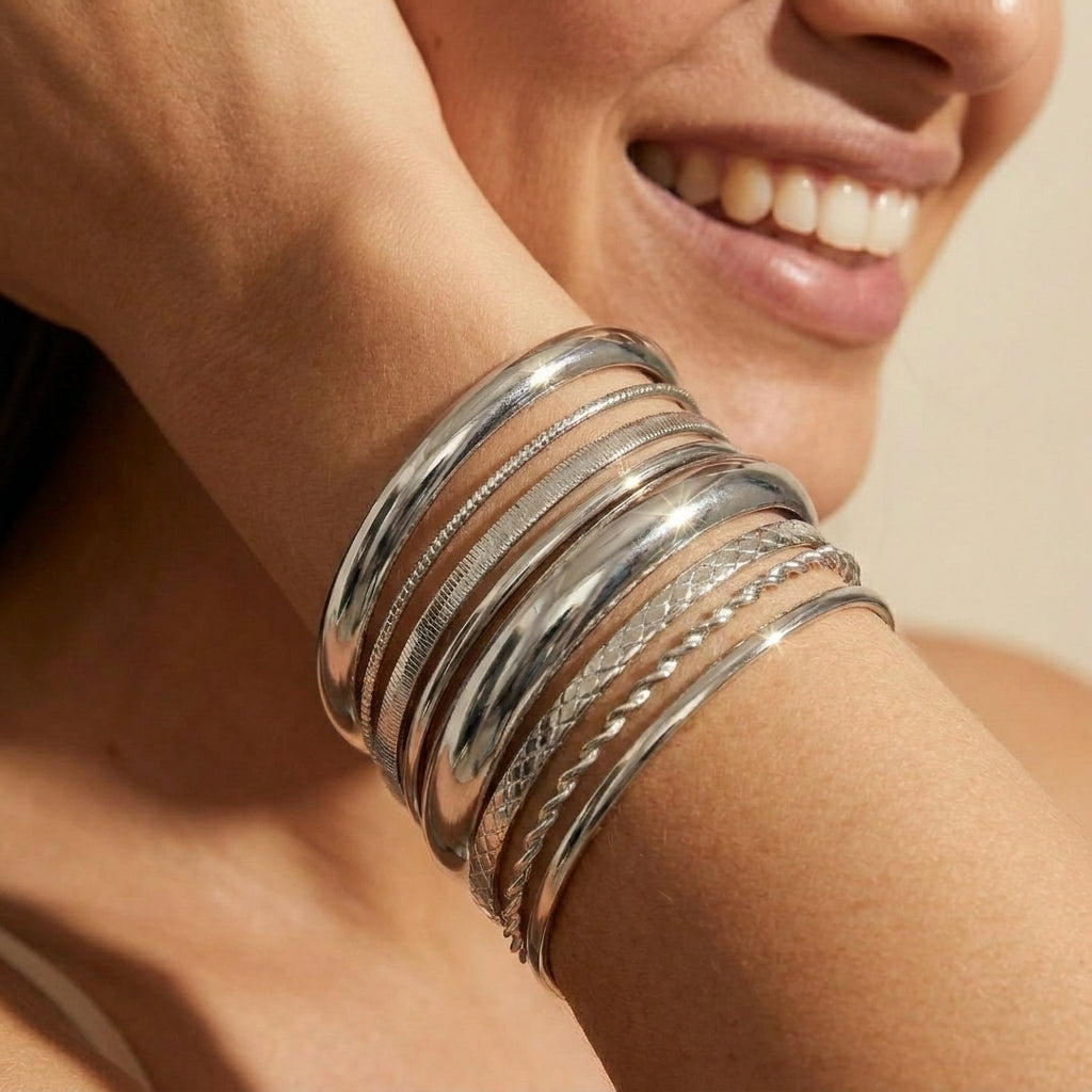8pc Textured Cuff Bracelet Stack in silver