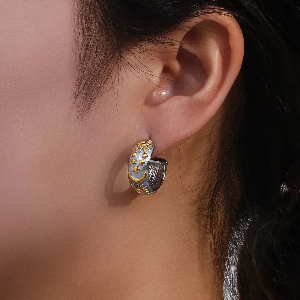 Chunky Astrology Embossed Hoop Earrings in silver