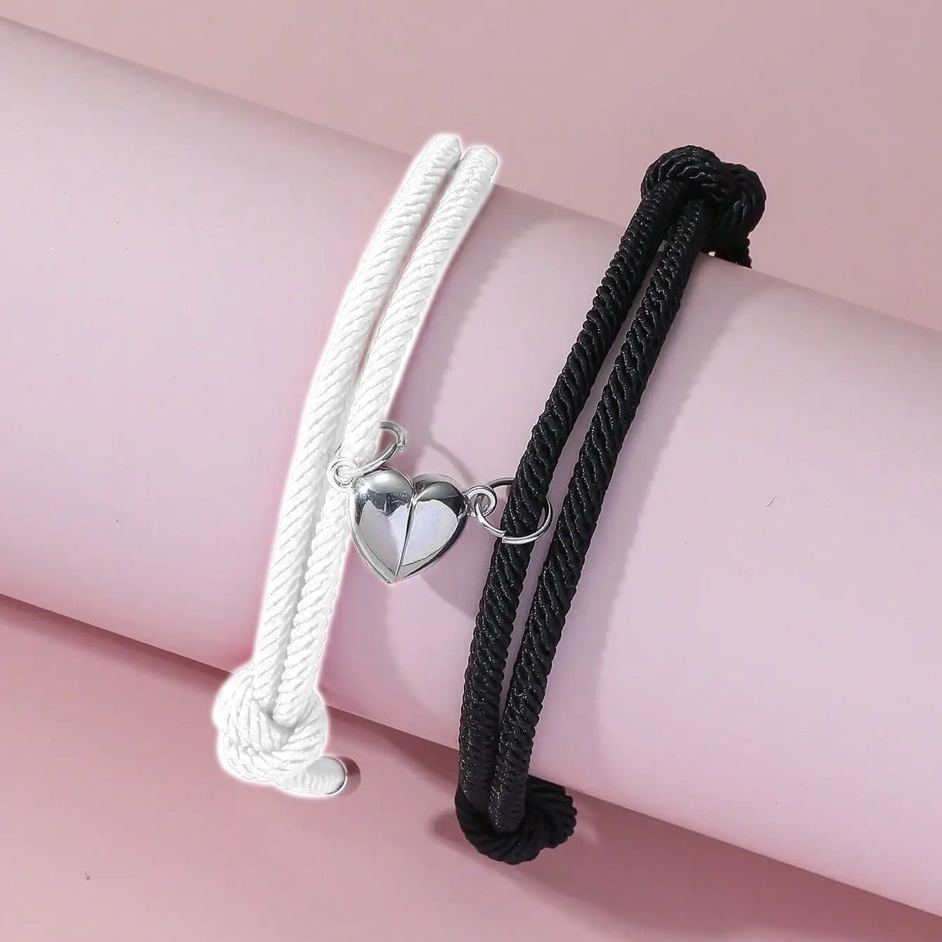 Couples Magnetic Heart Rope Bracelet Set in black & white