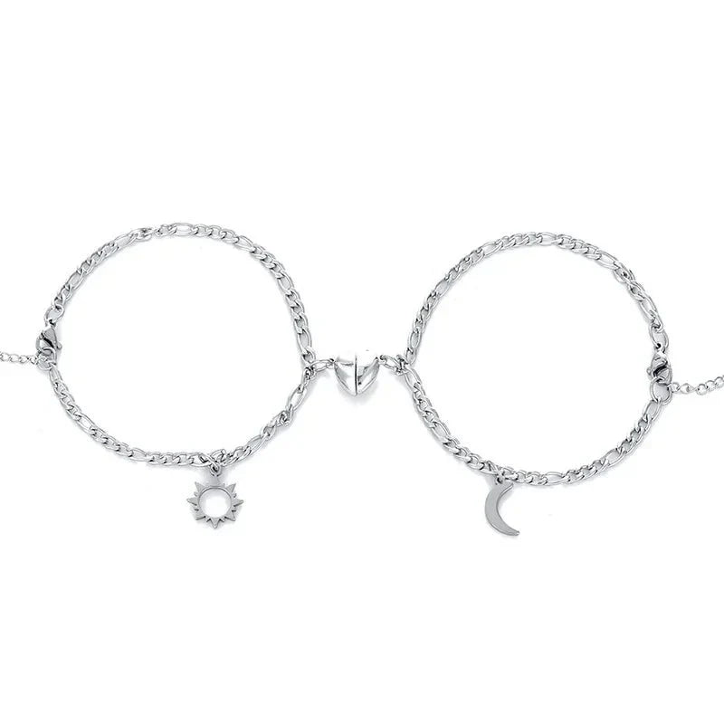 Couples Magnetic Heart Sun & Moon Bracelet Set in silver