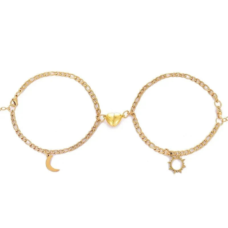 Couples Magnetic Heart Sun & Moon Bracelet Set in gold