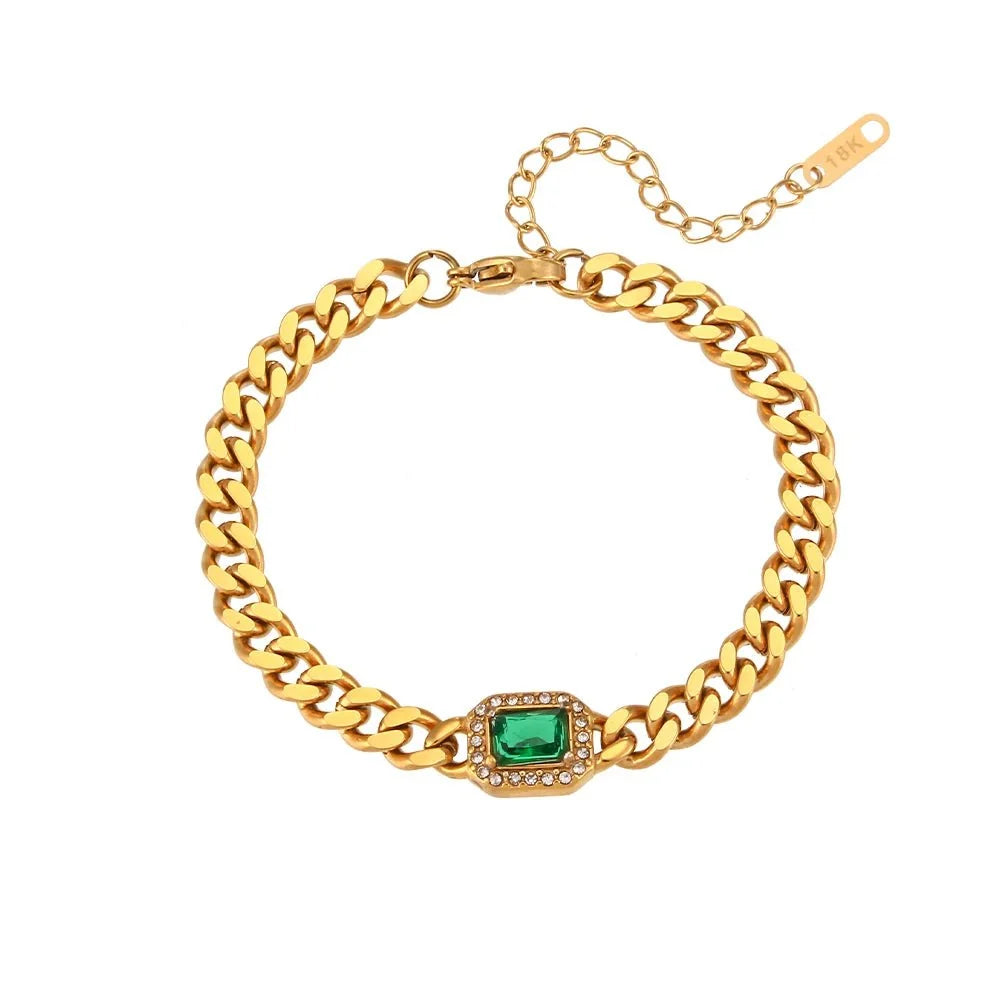 Cuban Chain Square Cut Diamond Choker and Bracelet in green