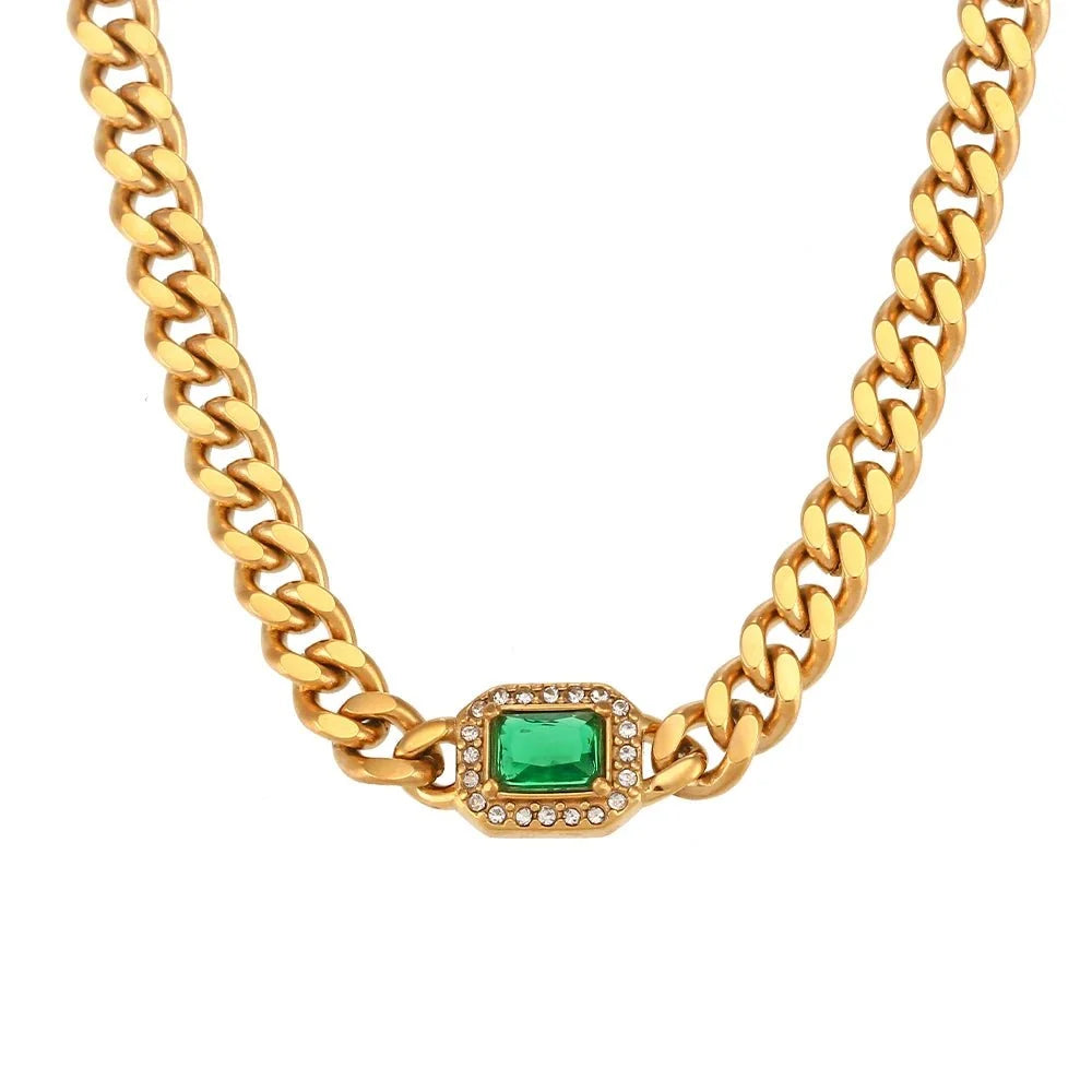 Cuban Chain Square Cut Diamond Choker and Bracelet in green