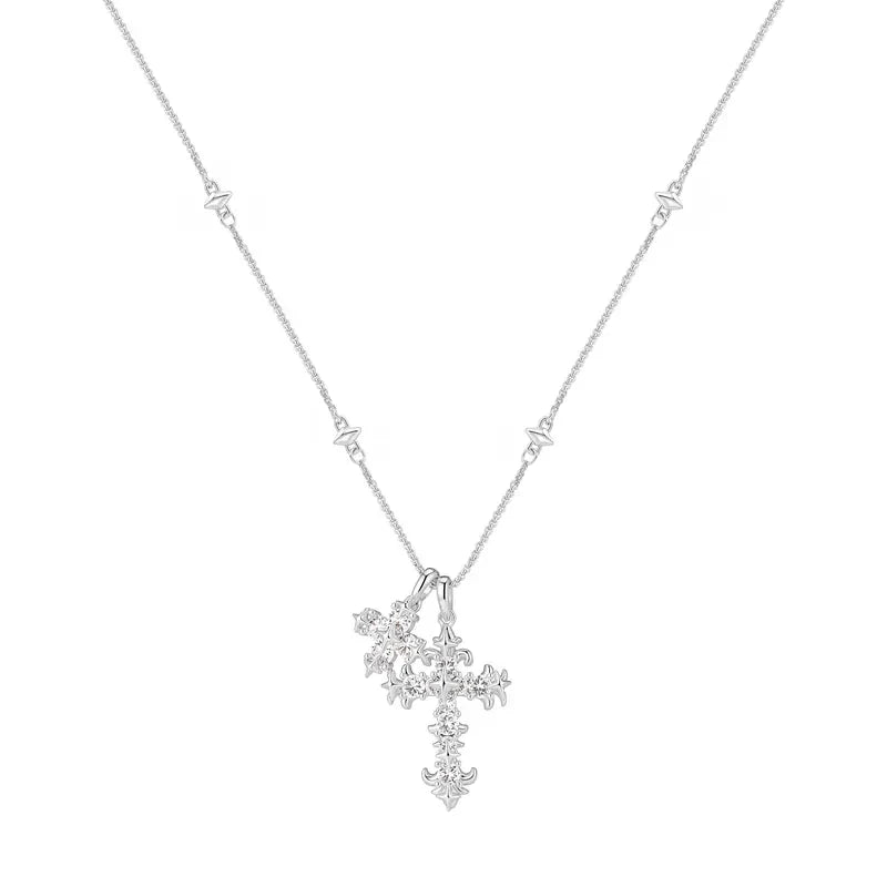 18k Floral Diamond Accented Cross Necklace in silver