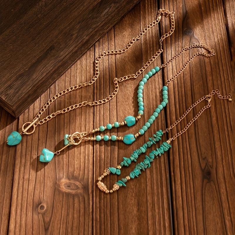 3pc Boho Toggle Clasp Turquoise Accented Necklace Stack