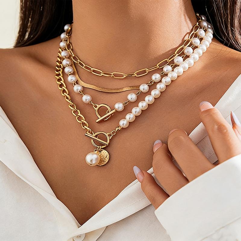 4pc Elegant Pearl Accented Necklace Stack