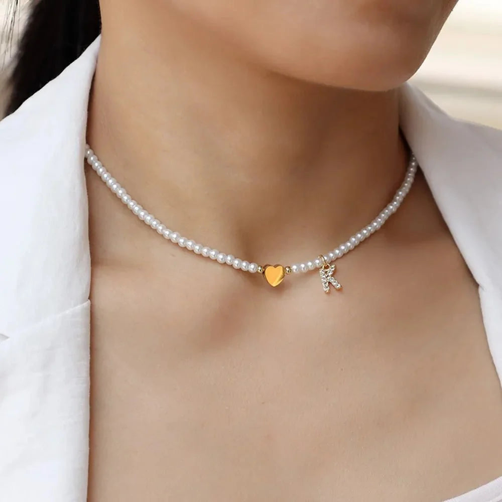 Dainty Beaded Heart Initial Necklace