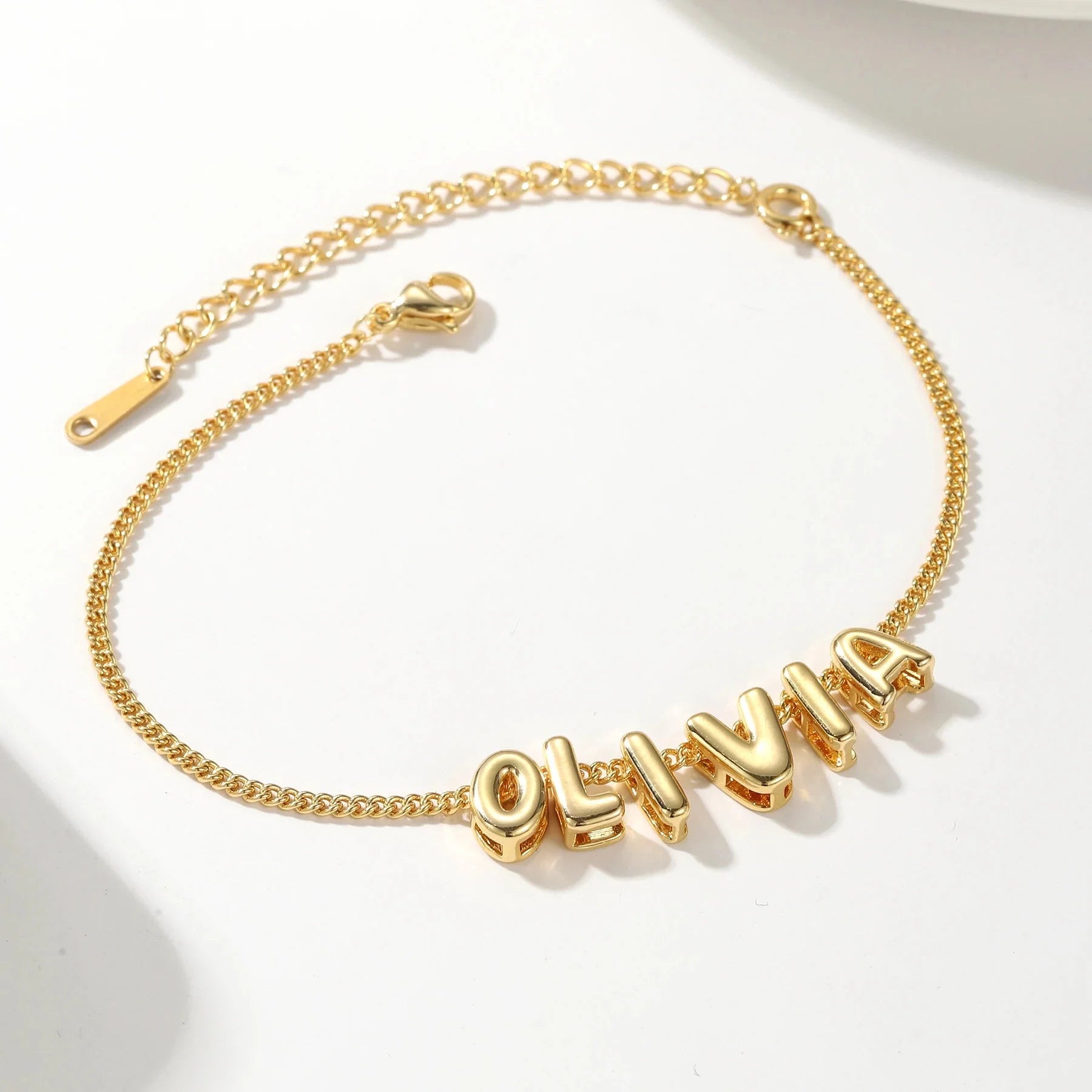 Dainty Bubble Letter Name Bracelet in gold