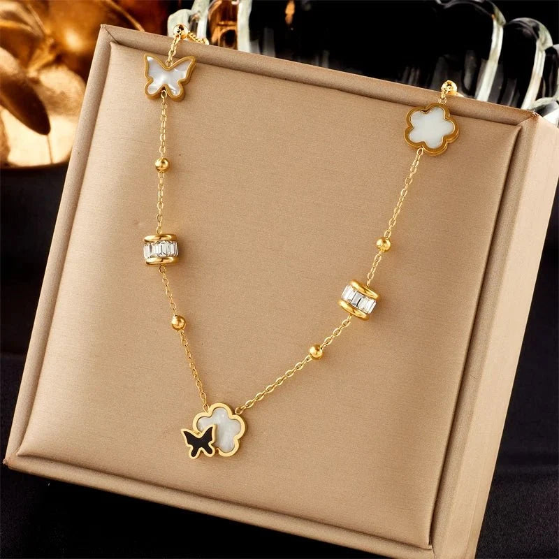 Dainty Clover Butterfly Diamond Necklace