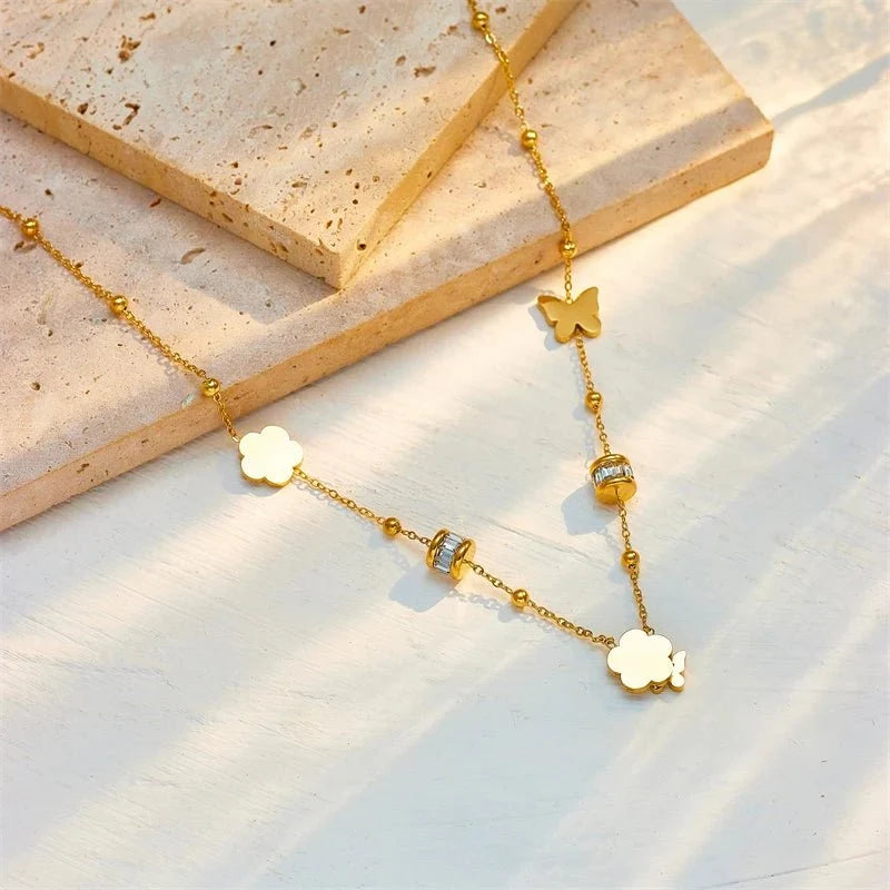 Dainty Clover Butterfly Diamond Necklace