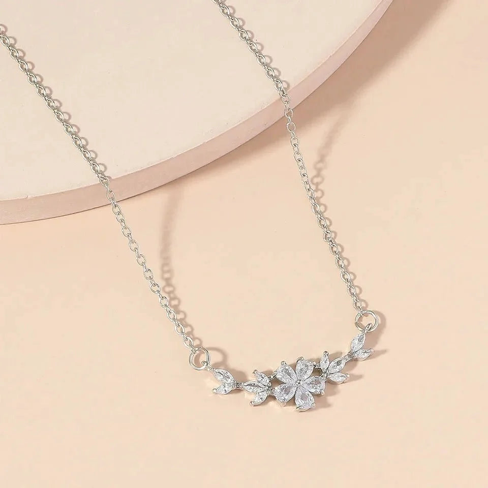 Dainty Diamond Floral Petals Necklace in silver