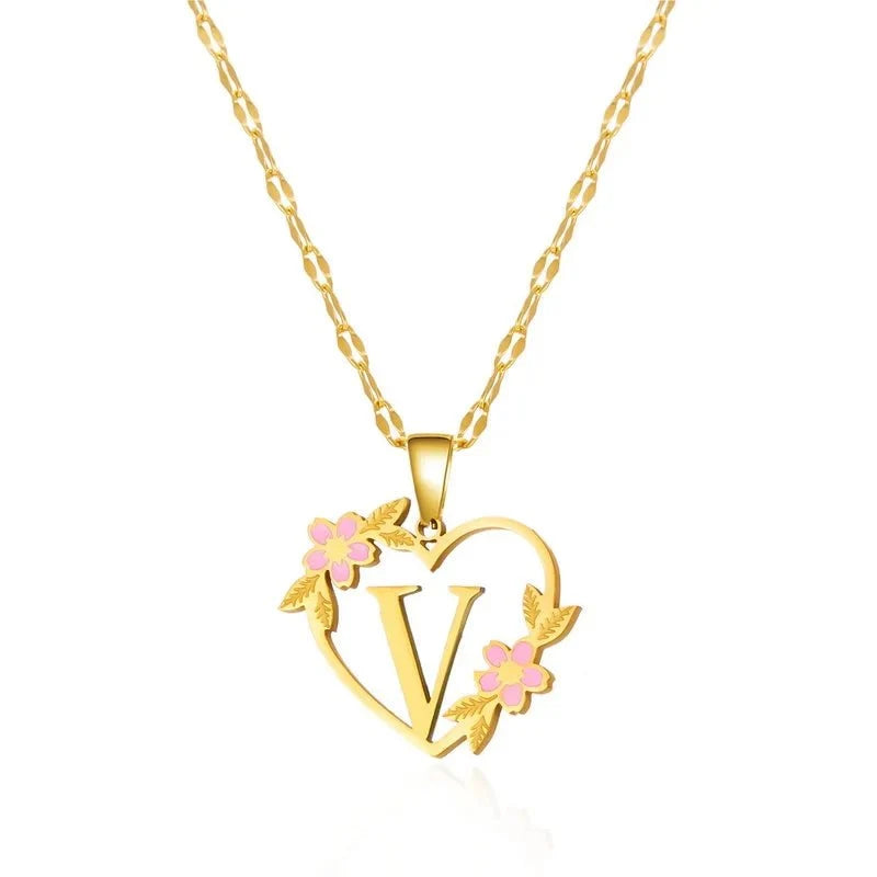 dainty floral accented heart letter initial necklace