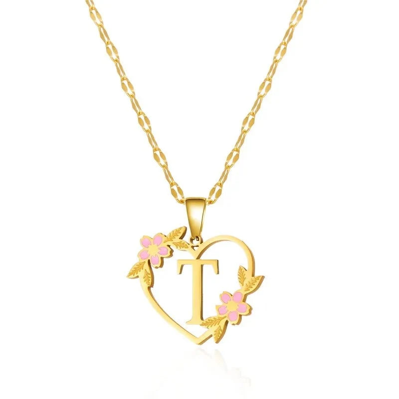 dainty floral accented heart letter initial necklace