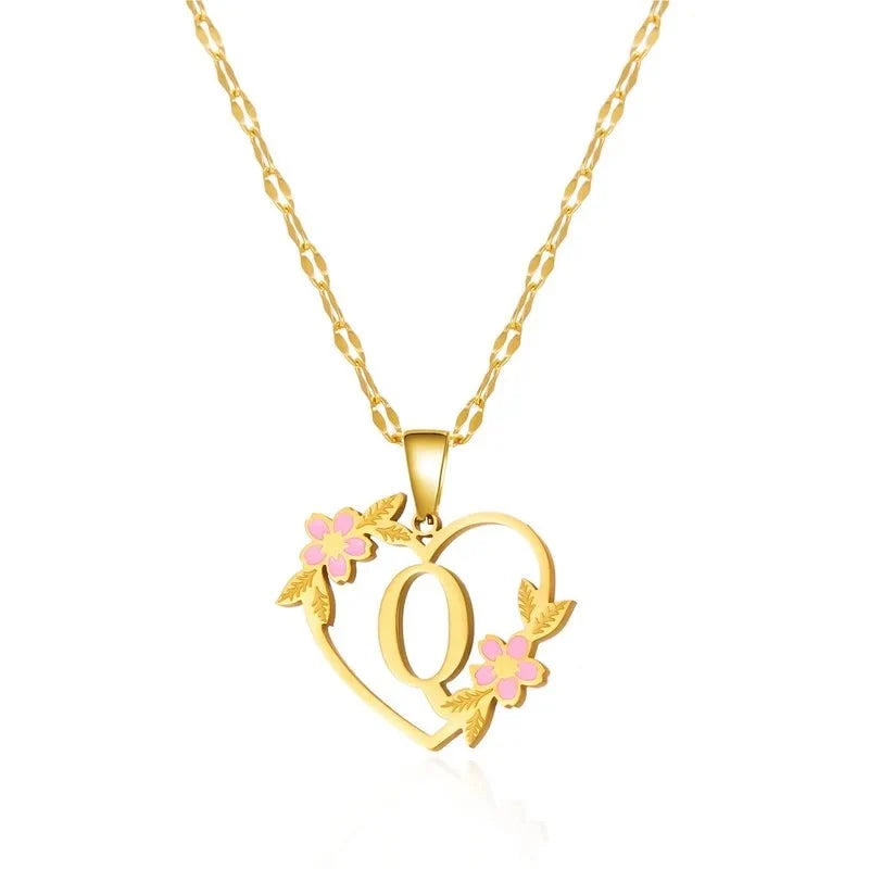 dainty floral accented heart letter initial necklace