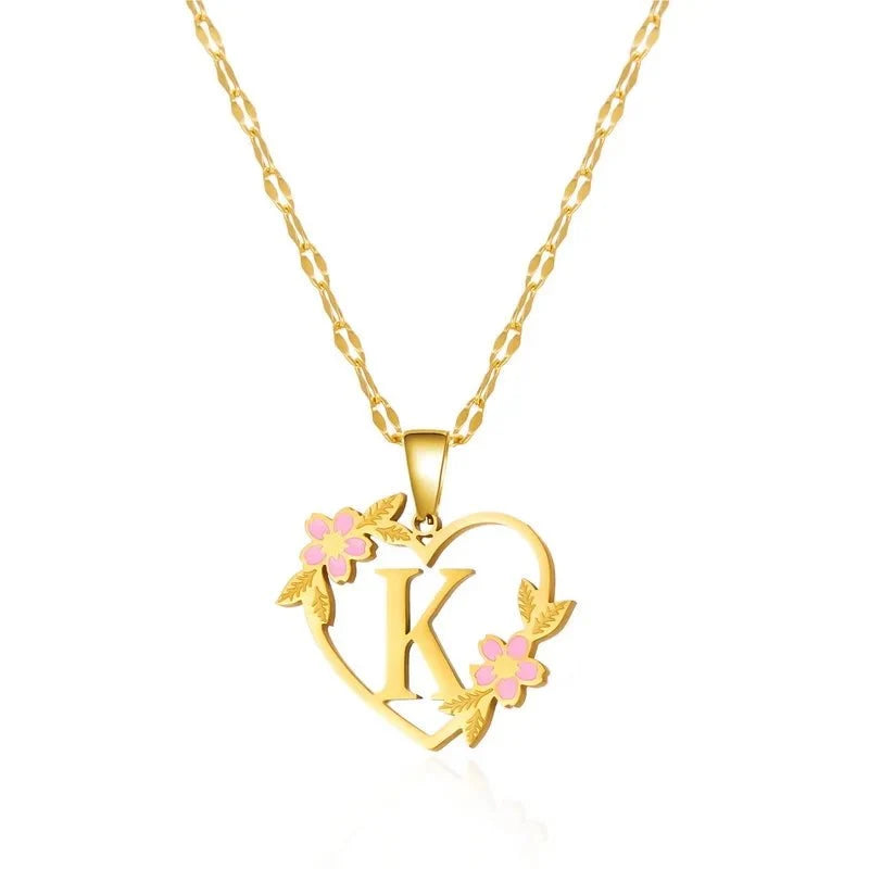 dainty floral accented heart letter initial necklace