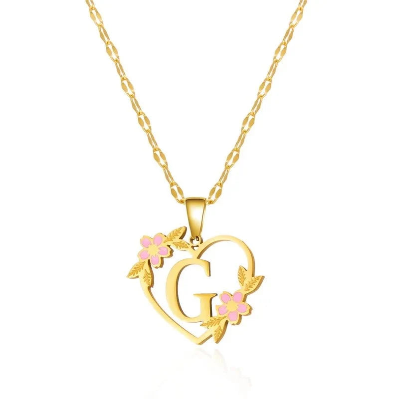 dainty floral accented heart letter initial necklace