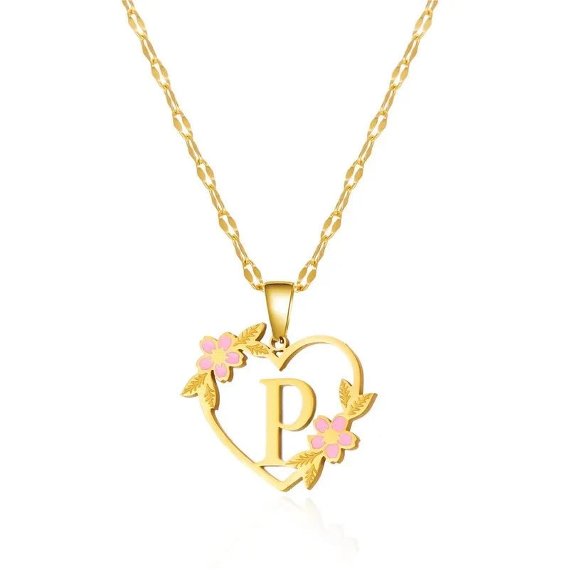 dainty floral accented heart letter initial necklace