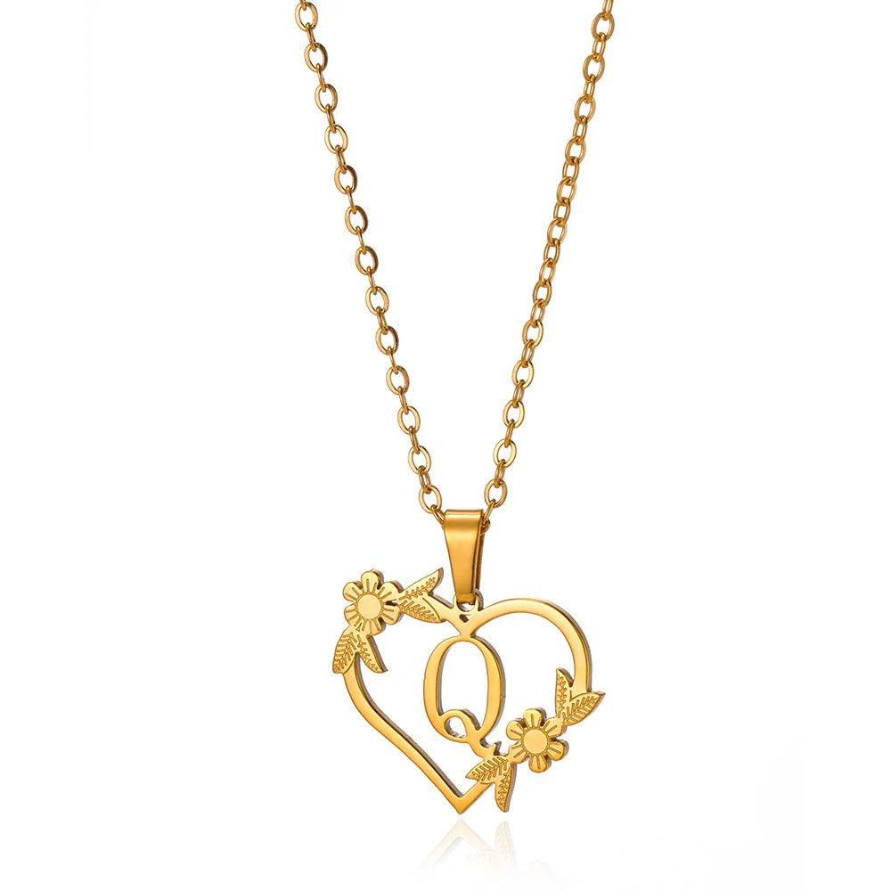 dainty floral heart letter initial necklace